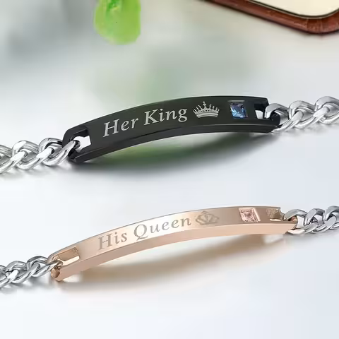 Set od 2 narukvice za parove Her King & His Queen – nehrđajući čelik, graviranje za zaljubljene, on i ona