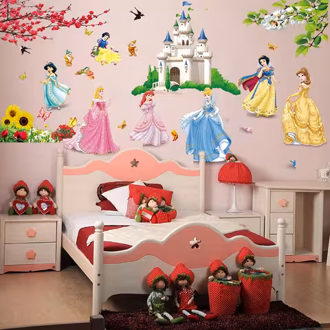 Zidna dekorativna naljepnica za djecu s Disney princezama u dvorcu – šarene i jednostavne za postavljanje