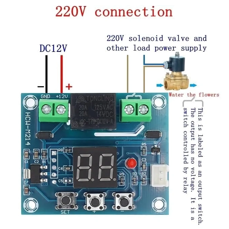 Modul XH-M214 spojen na mrežu 220V za kontrolu elektromagnetnog ventila