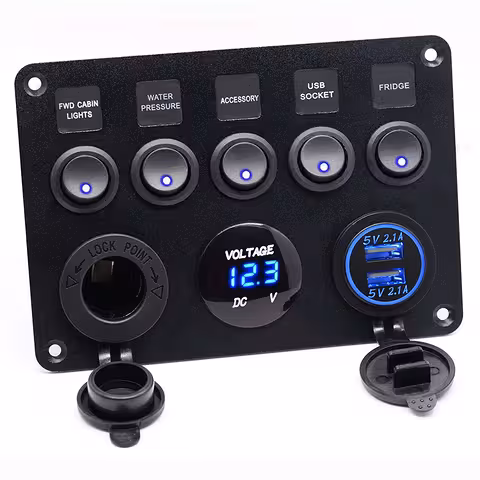 Auto prekidačka ploča 5 tipki ON/OFF s voltmetrom, utičnicom i USB punjačem – 12V/24V, otporno IP65