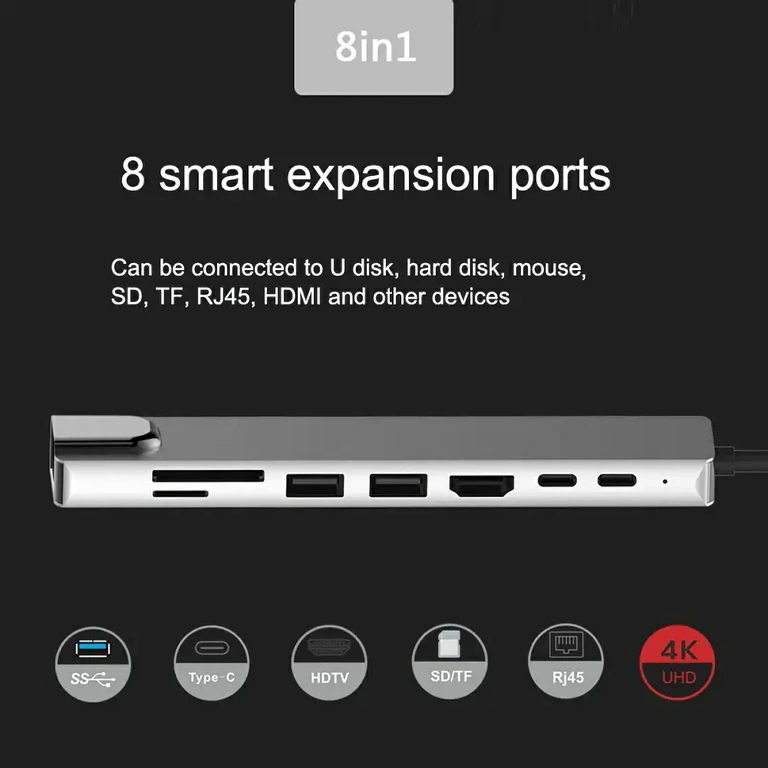 USB-C docking stanica 8 u 1 Docking station 8 u 1 s HDMI, RJ45, USB i čitačem kartica