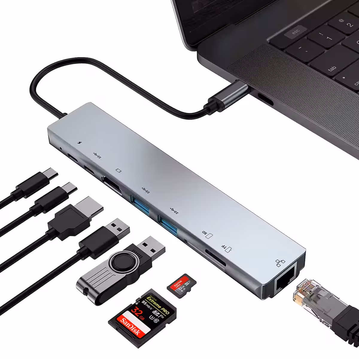 USB-C adapter s HDMI, RJ45, USB i čitačem kartica za laptop