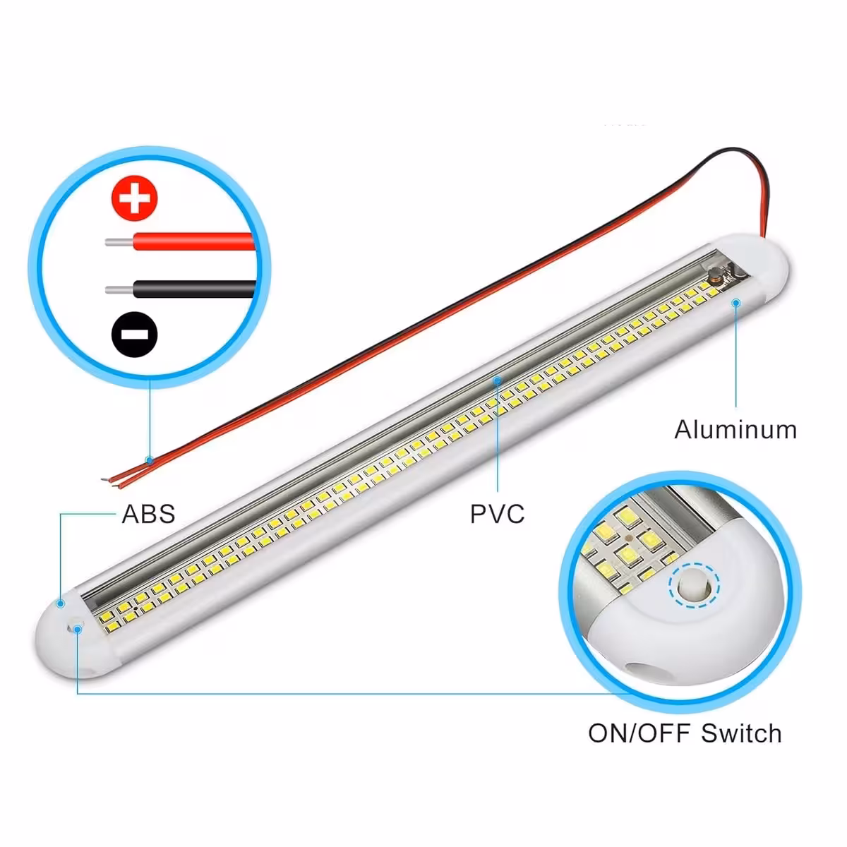Tehnički list koji prikazuje materijale LED lampe: plastično kućište i aluminijska baza
