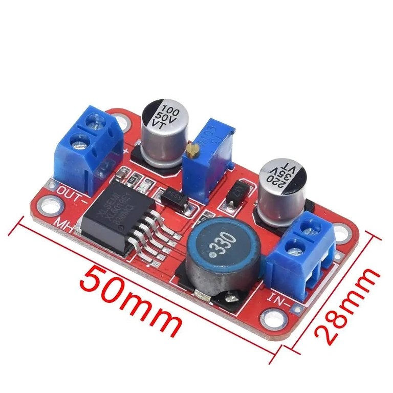 Dimenzije XL6019 DC-DC Boost Converter modula: 50 mm x 28 mm x 13 mm, idealno za integraciju u razne projekte