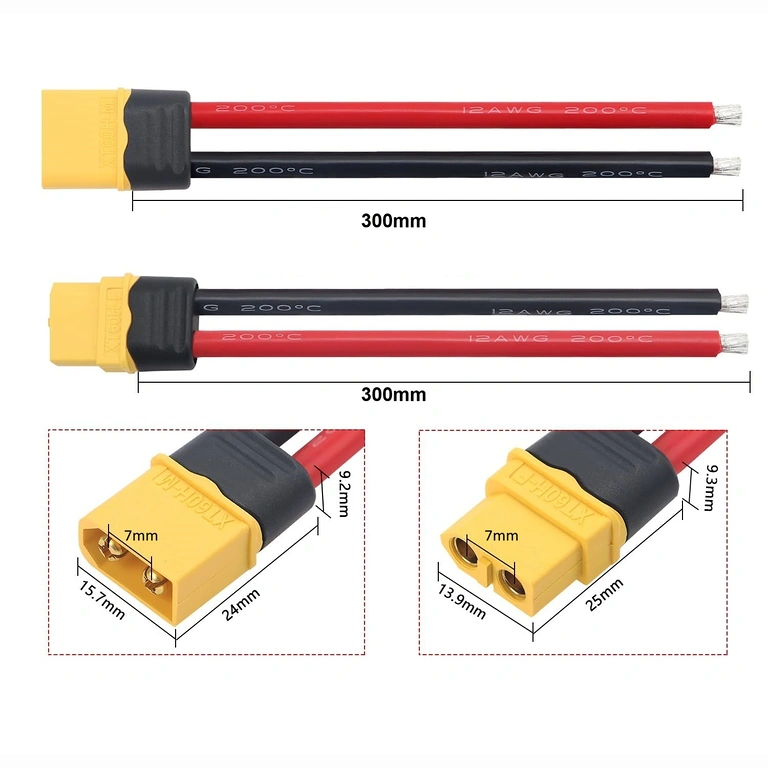 Skica s dimenzijama XT60 ženske i muške utičnice